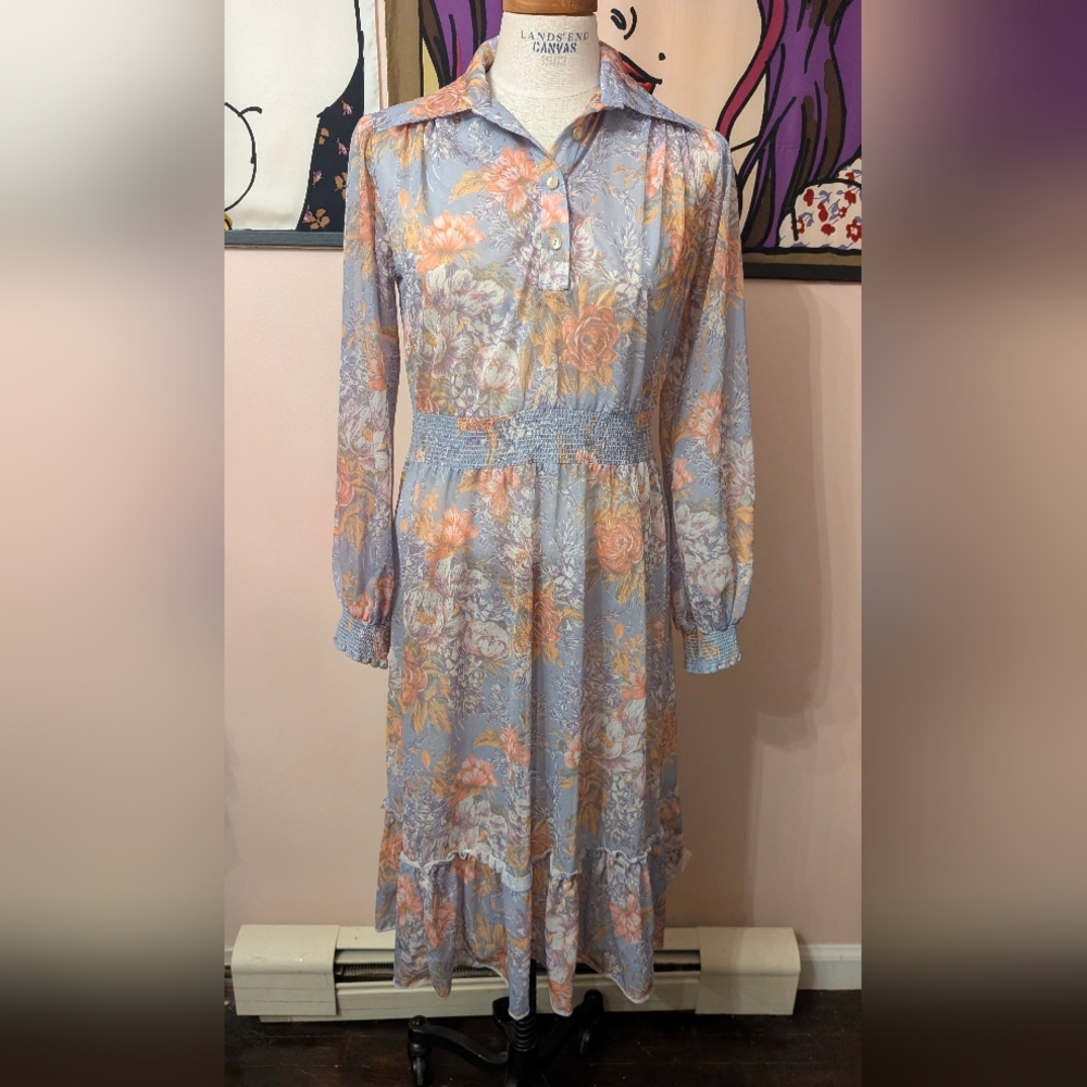 Sugar Long Sleeve Floral Dress in Blue and Peach